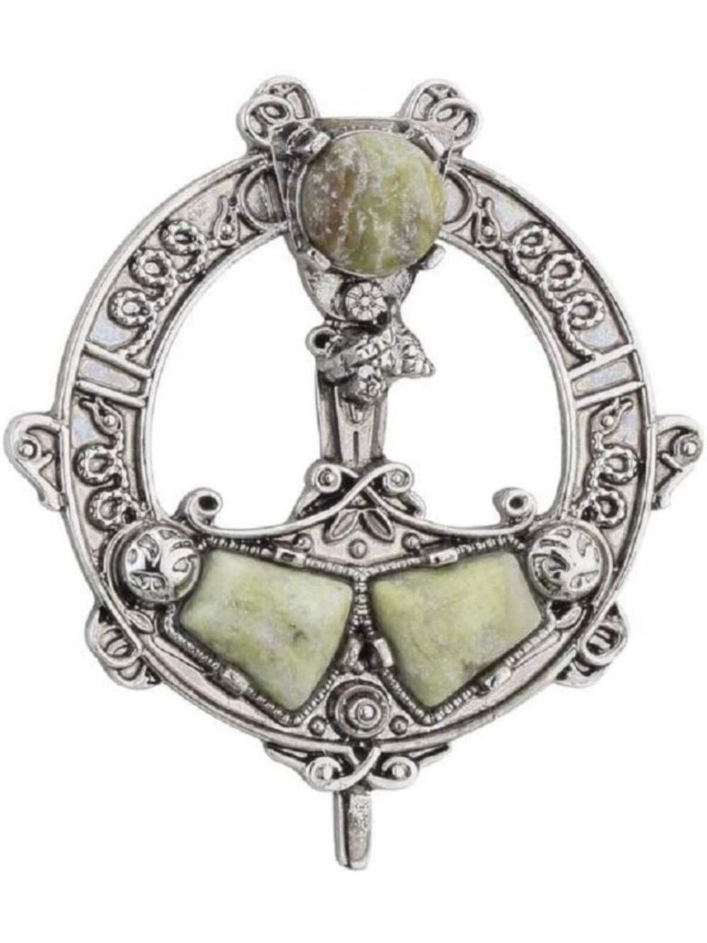 Celtic Brooch with Connemara Marble, Rhodium Plated, Irish Jewelry for Women